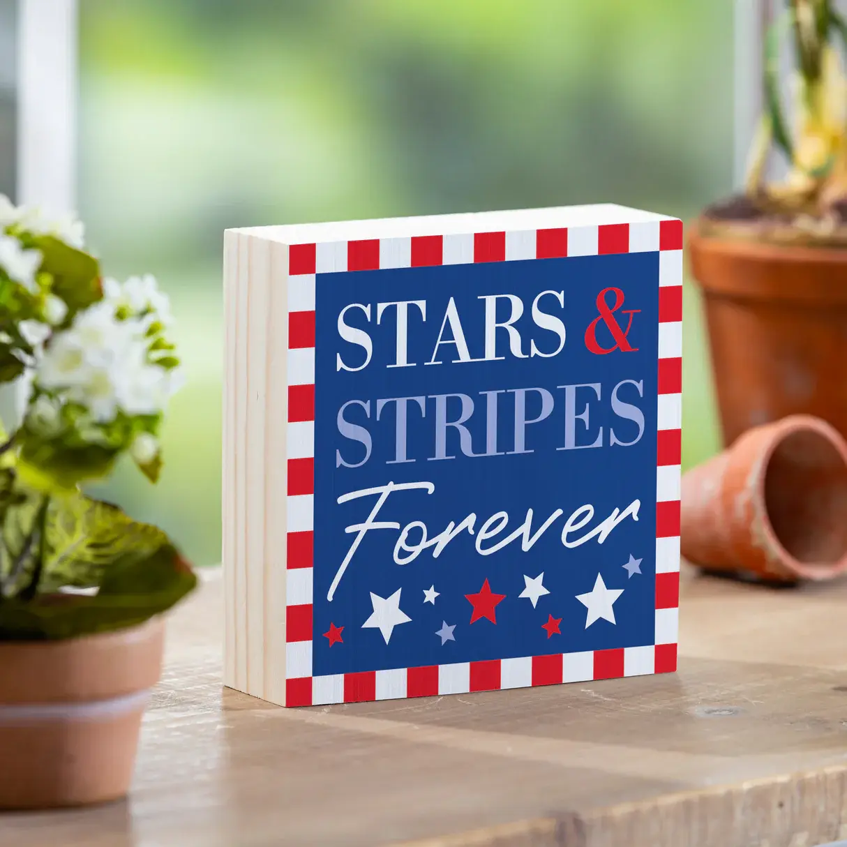 American Classic Stars & Stripes Wood Sign Plock,"Forever", 6"x6”